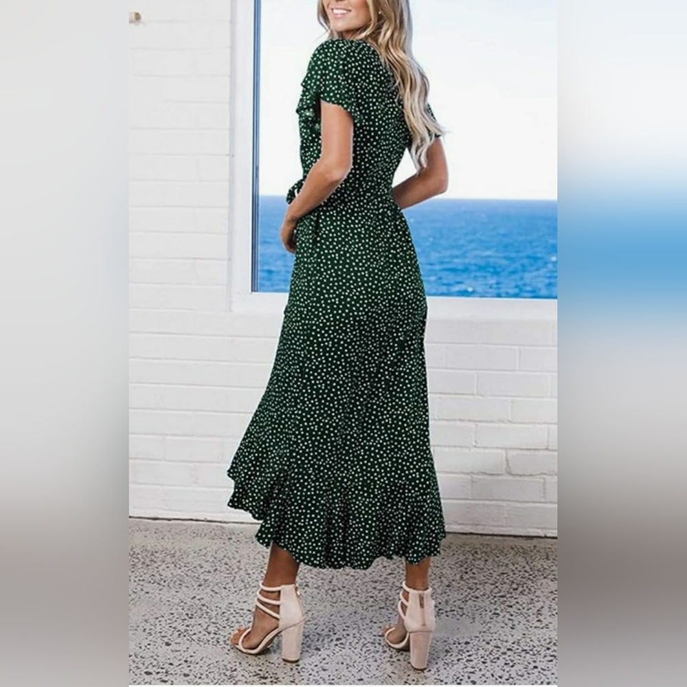 NWT Zesica Brand Elegant Green Polka Dot Wrap Midi Dress Size XL - Picture 4 of 8